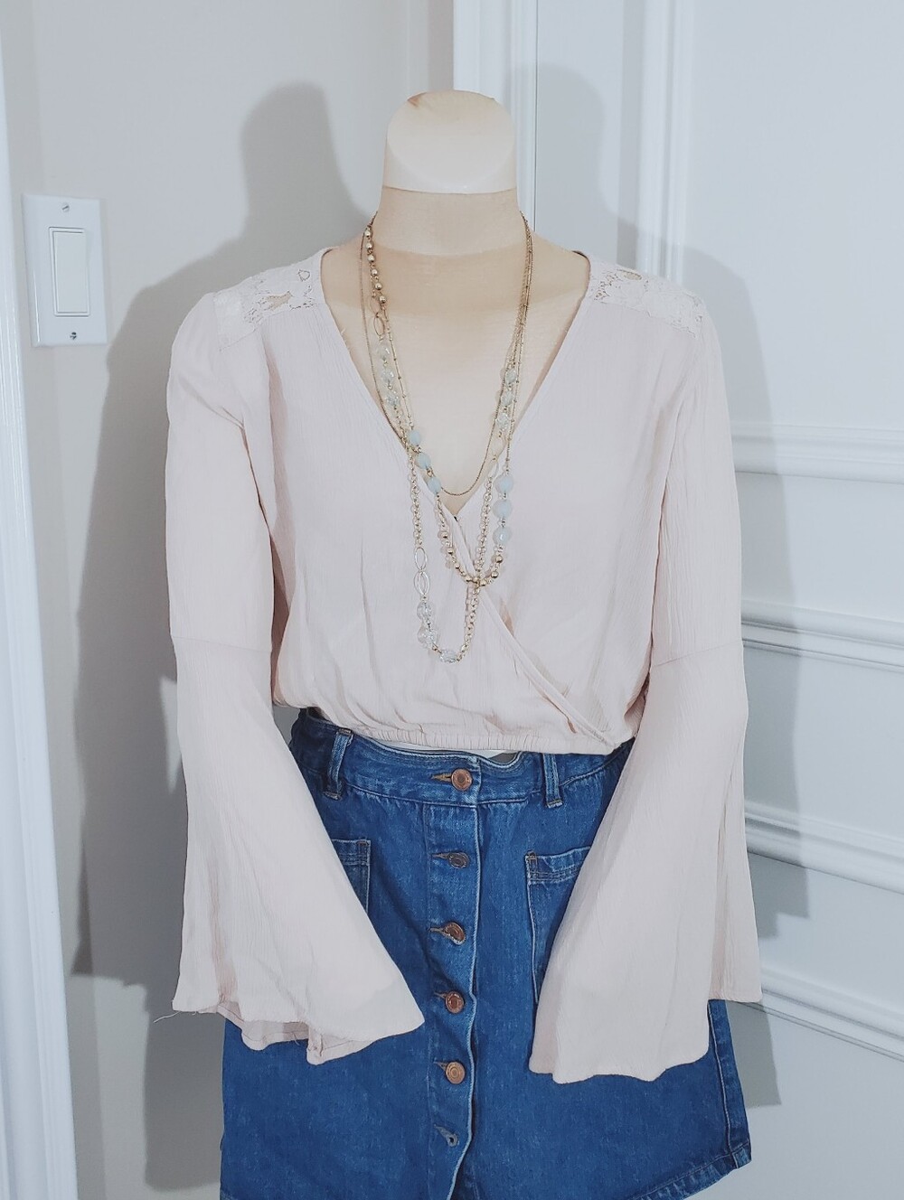 Blush Bell Sleeved Surplice Wrap Crop Top